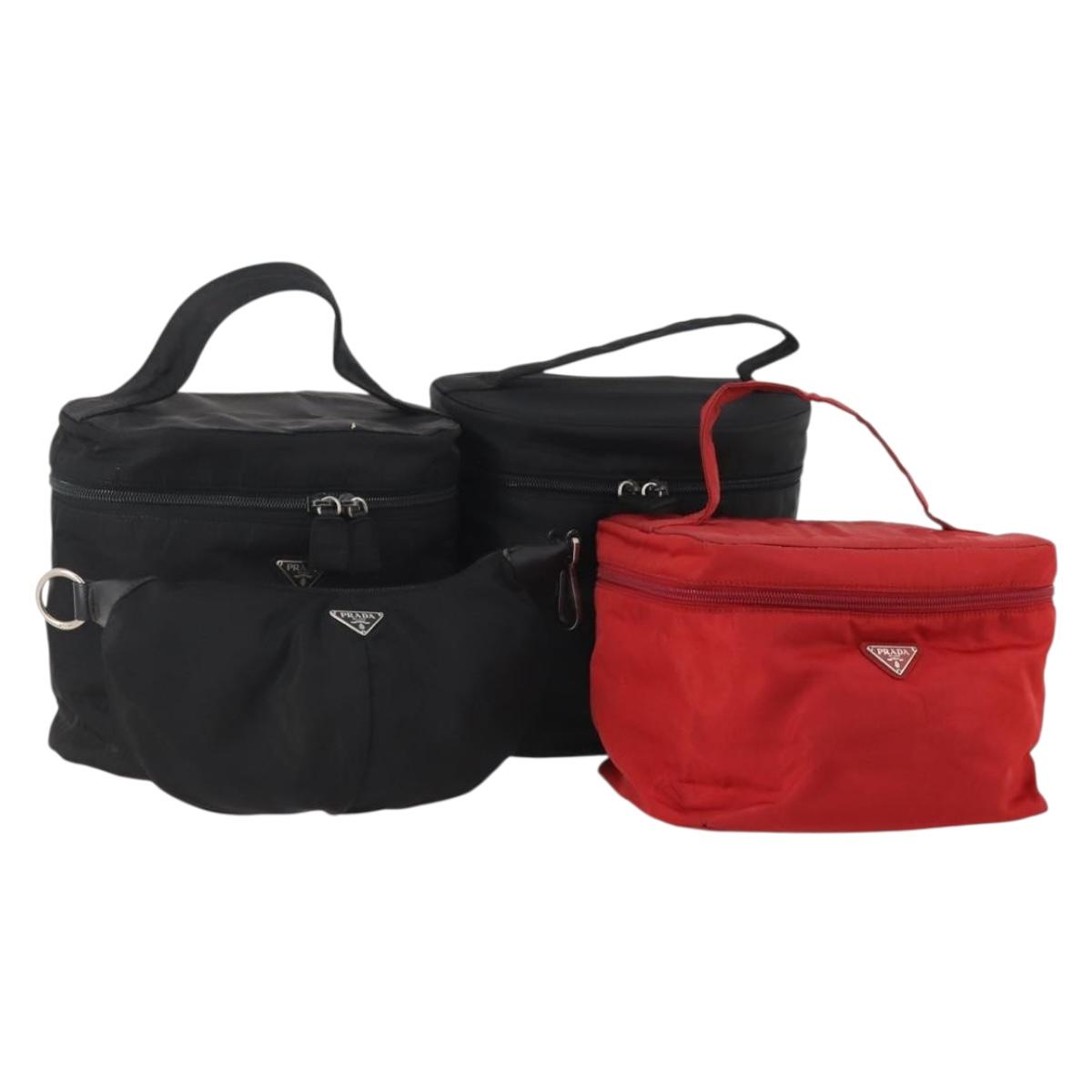 PRADA Vanity Hand Bag Nylon 4 Set Black Red Auth 174980