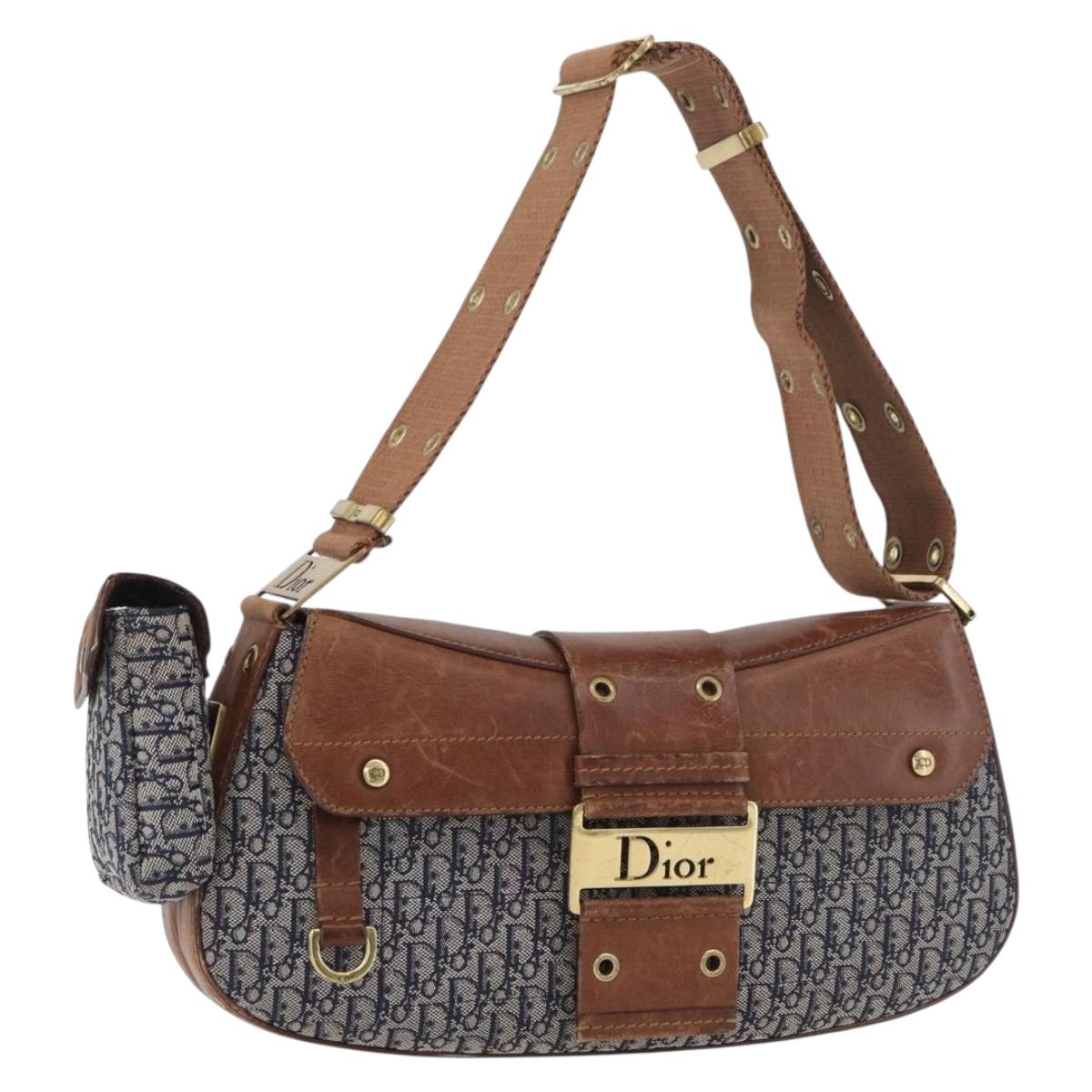 Christian Dior Trotter Canvas Street Chic Shoulder Bag Navy Gold Auth 175042A