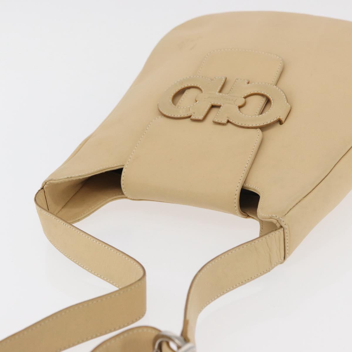 Salvatore Ferragamo Gancini Shoulder Bag Leather Beige Silver Auth 175046