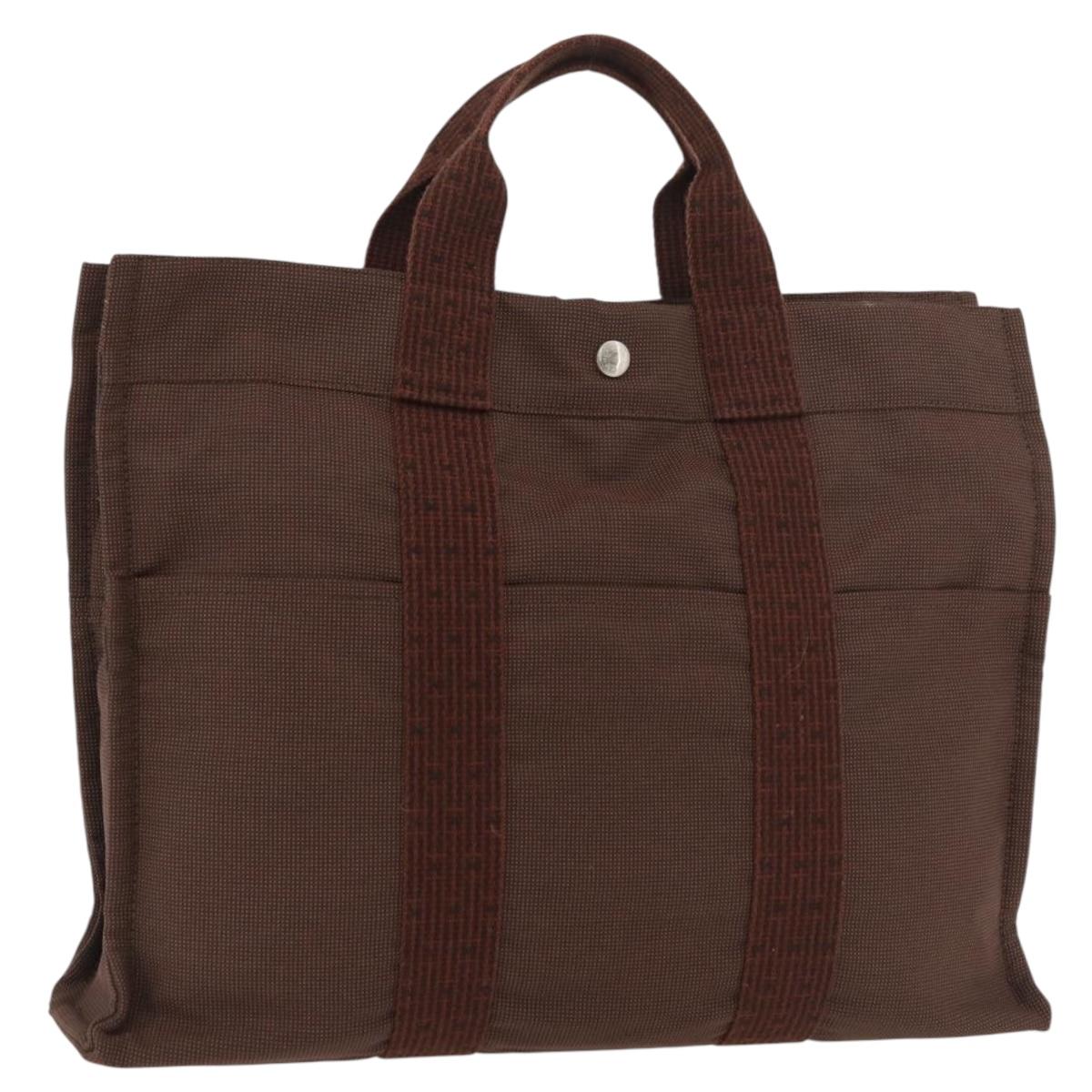 HERMES Her Line MM Hand Bag Canvas Brown Silver Auth 175053A