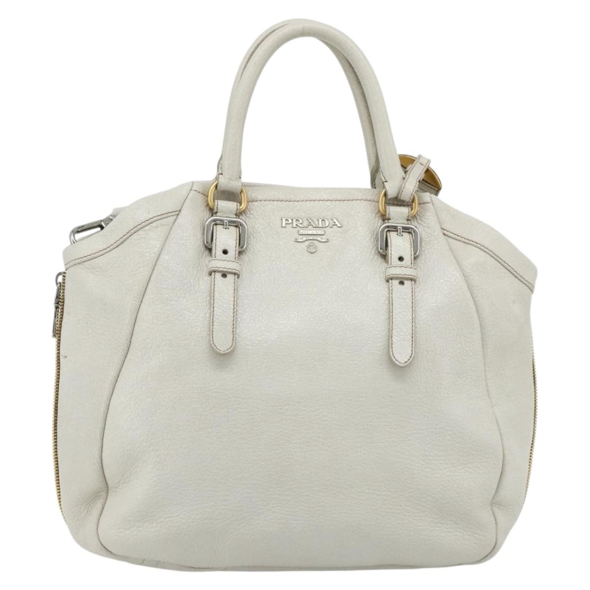PRADA Hand Bag Leather 2way White Gold Silver Auth 175061A