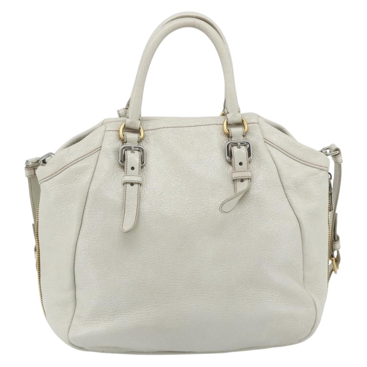 PRADA Hand Bag Leather 2way White Gold Silver Auth 175061A