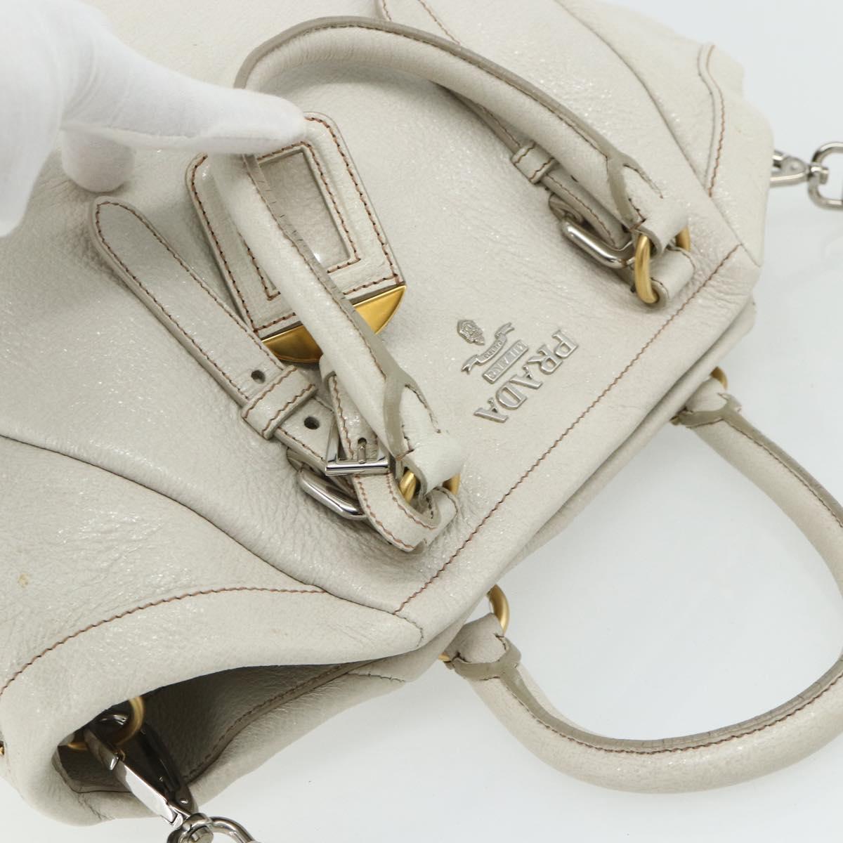 PRADA Hand Bag Leather 2way White Gold Silver Auth 175061A