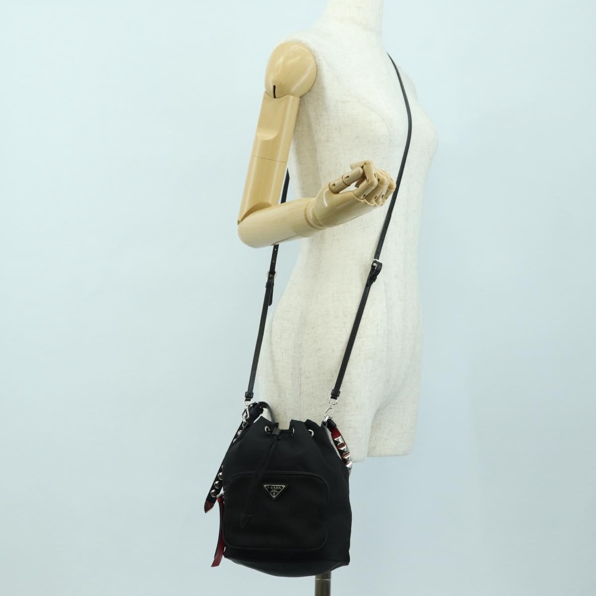PRADA Purse Shoulder Bag Nylon 2way Black Silver Auth 175065SAM