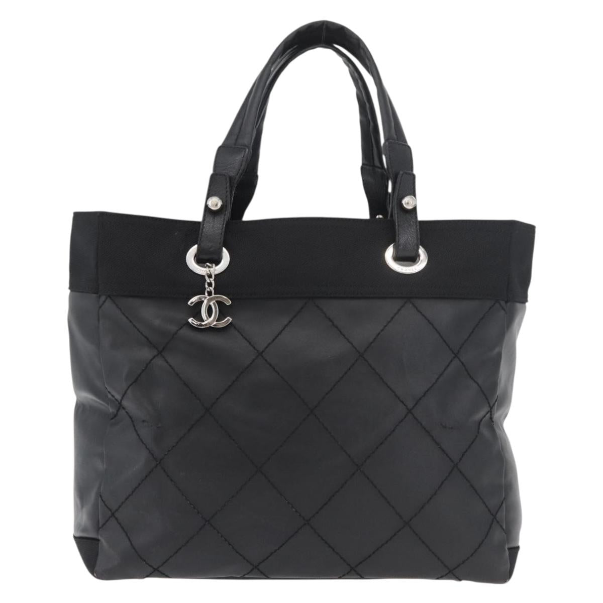 CHANEL Paris Biarritz Tote Bag Coated Canvas Black Silver CC Auth 175106A