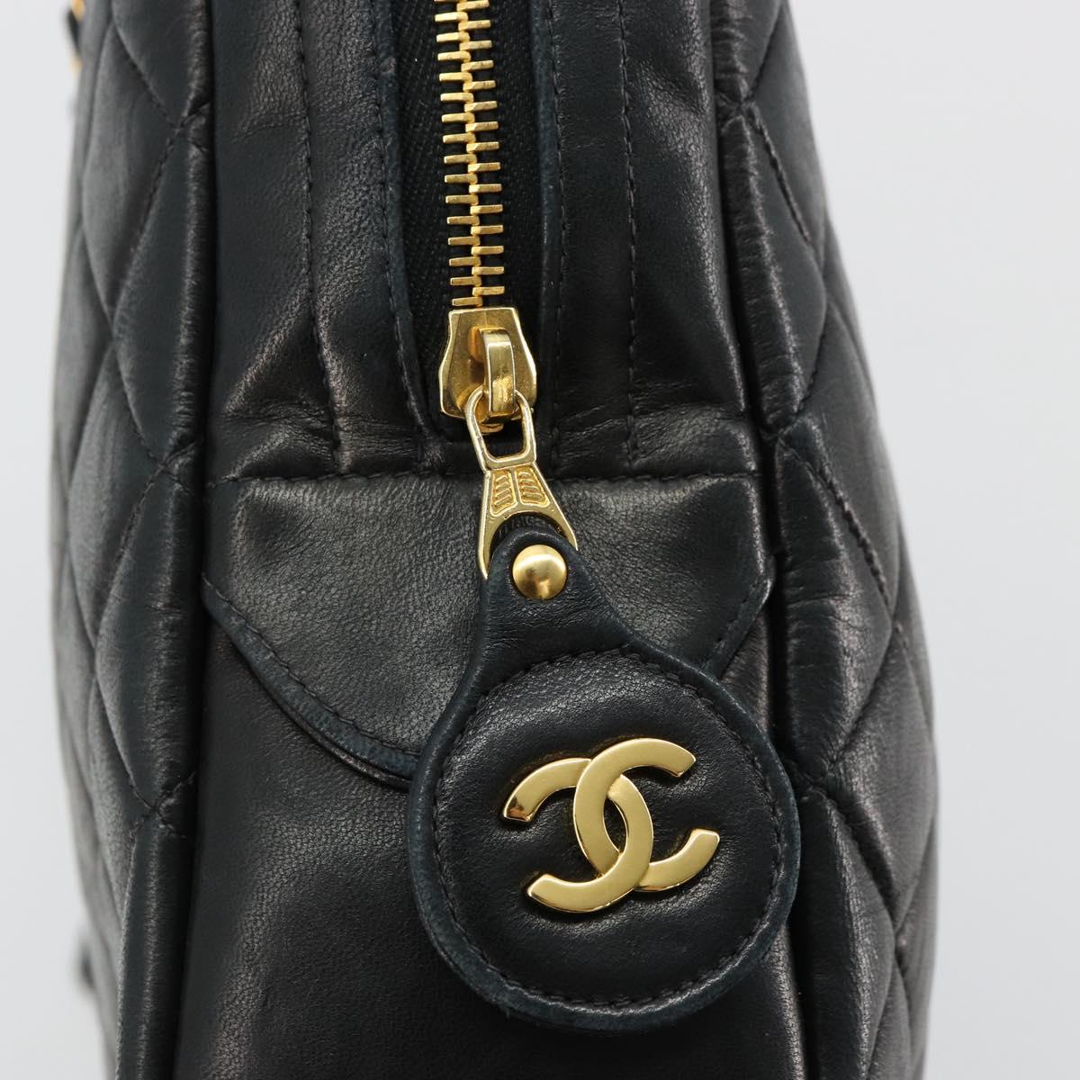 CHANEL Matelasse Shoulder Bag Lamb Skin Black Gold CC Auth 175111A