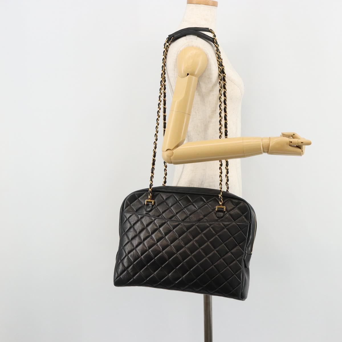 CHANEL Matelasse Shoulder Bag Lamb Skin Black Gold CC Auth 175111A
