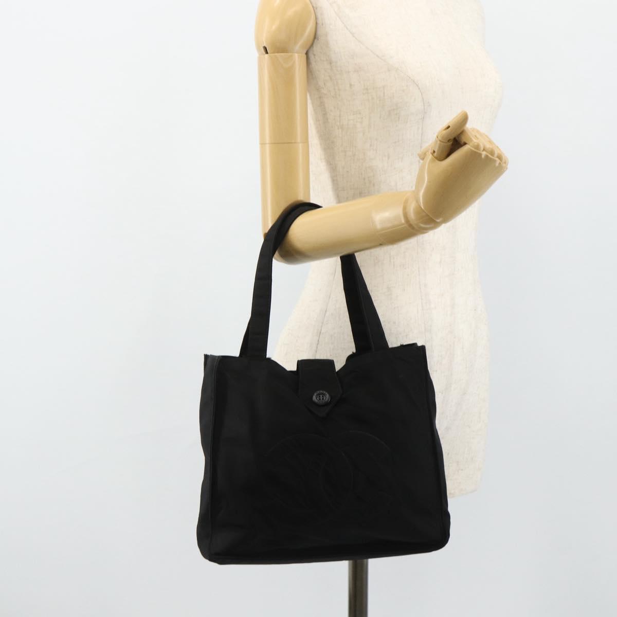 CHANEL Hand Bag Nylon Black Silver CC Auth 175119