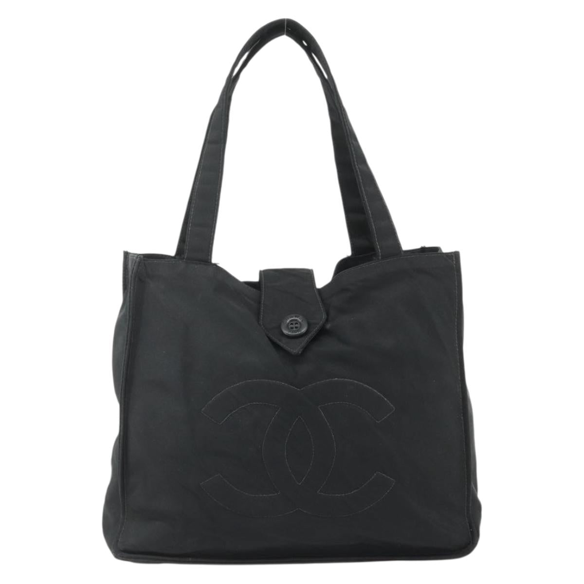 CHANEL Hand Bag Nylon Black Silver CC Auth 175119