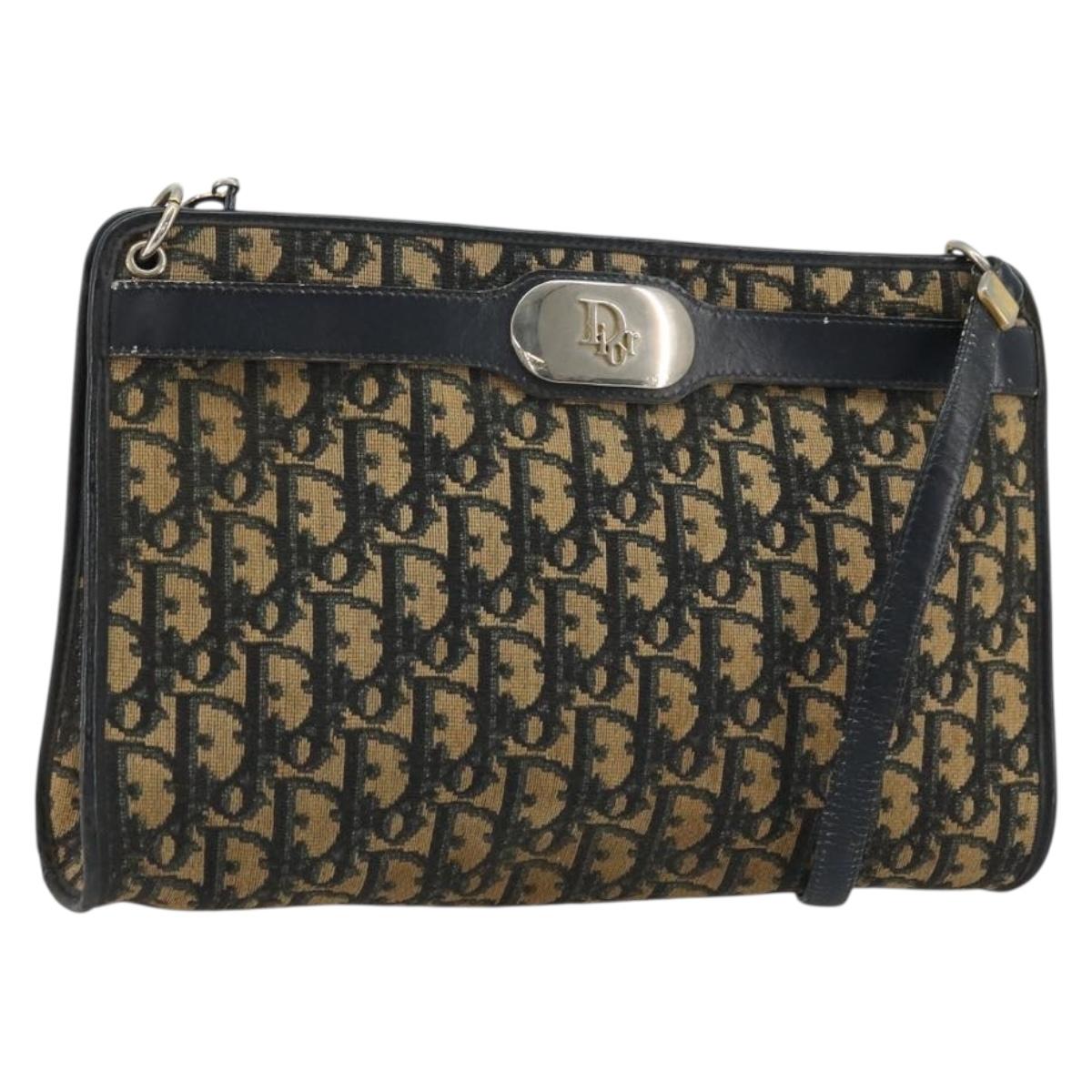 Christian Dior Trotter Canvas Shoulder Bag Navy Gold Auth 175155