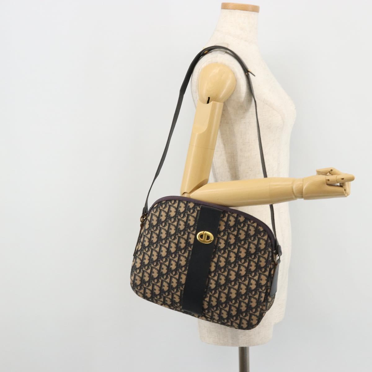 Christian Dior Trotter Canvas Shoulder Bag Navy Gold Auth 175156