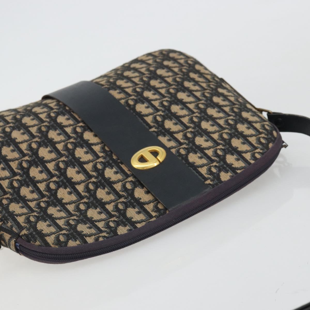 Christian Dior Trotter Canvas Shoulder Bag Navy Gold Auth 175156