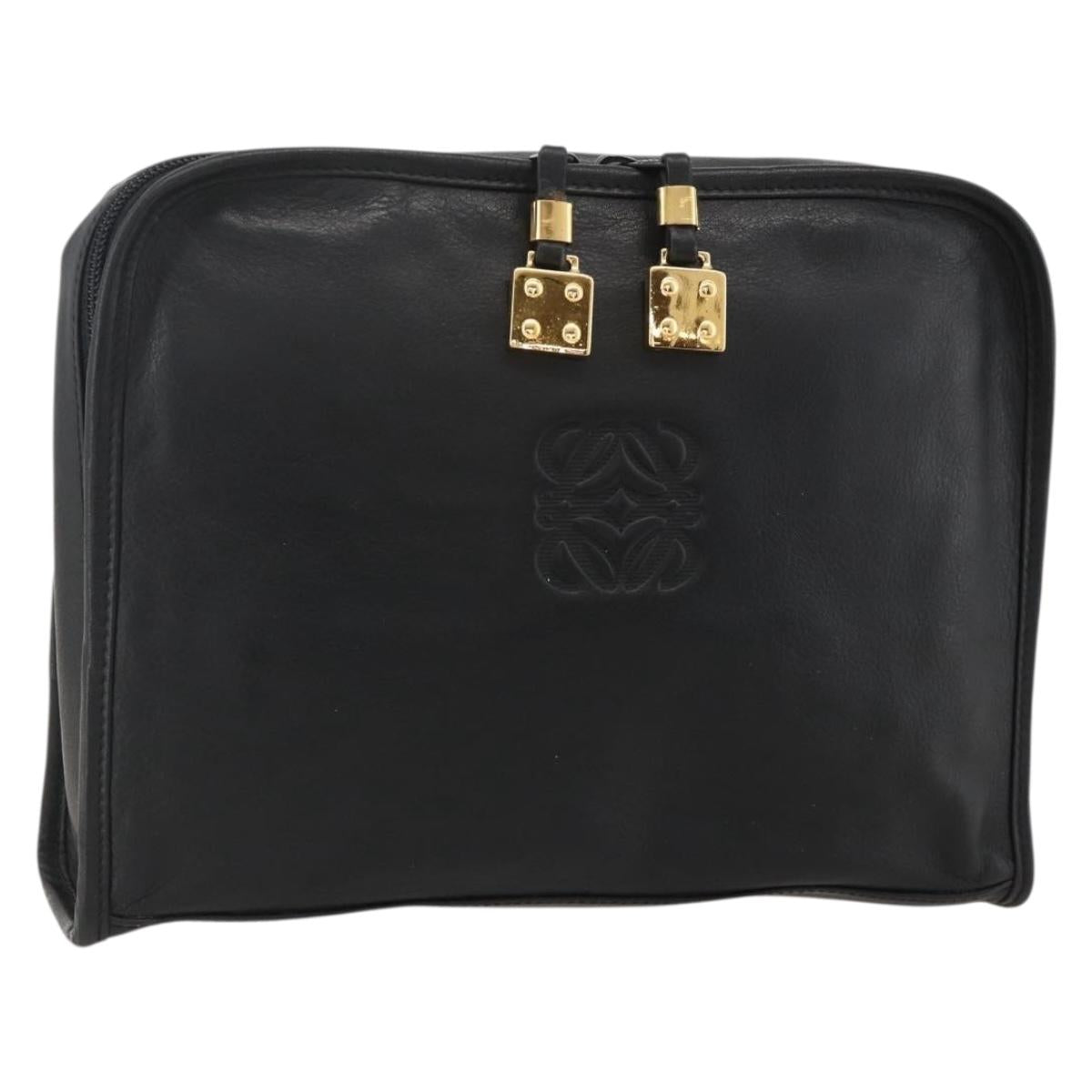 LOEWE Anagram Clutch Bag Leather Black Gold Auth 175168