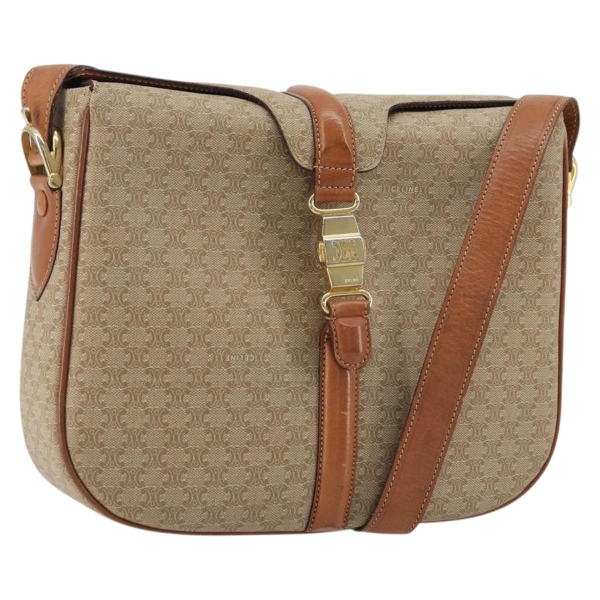 CELINE Macadam Canvas Shoulder Bag PVC Beige Gold Auth 175173