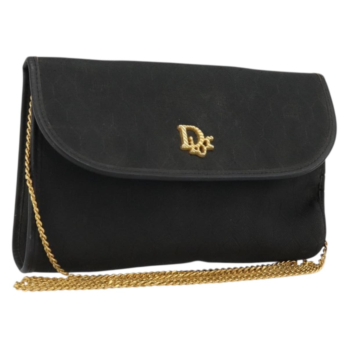 Christian Dior Honeycomb Canvas Chain Shoulder Bag Black Gold Auth 175179