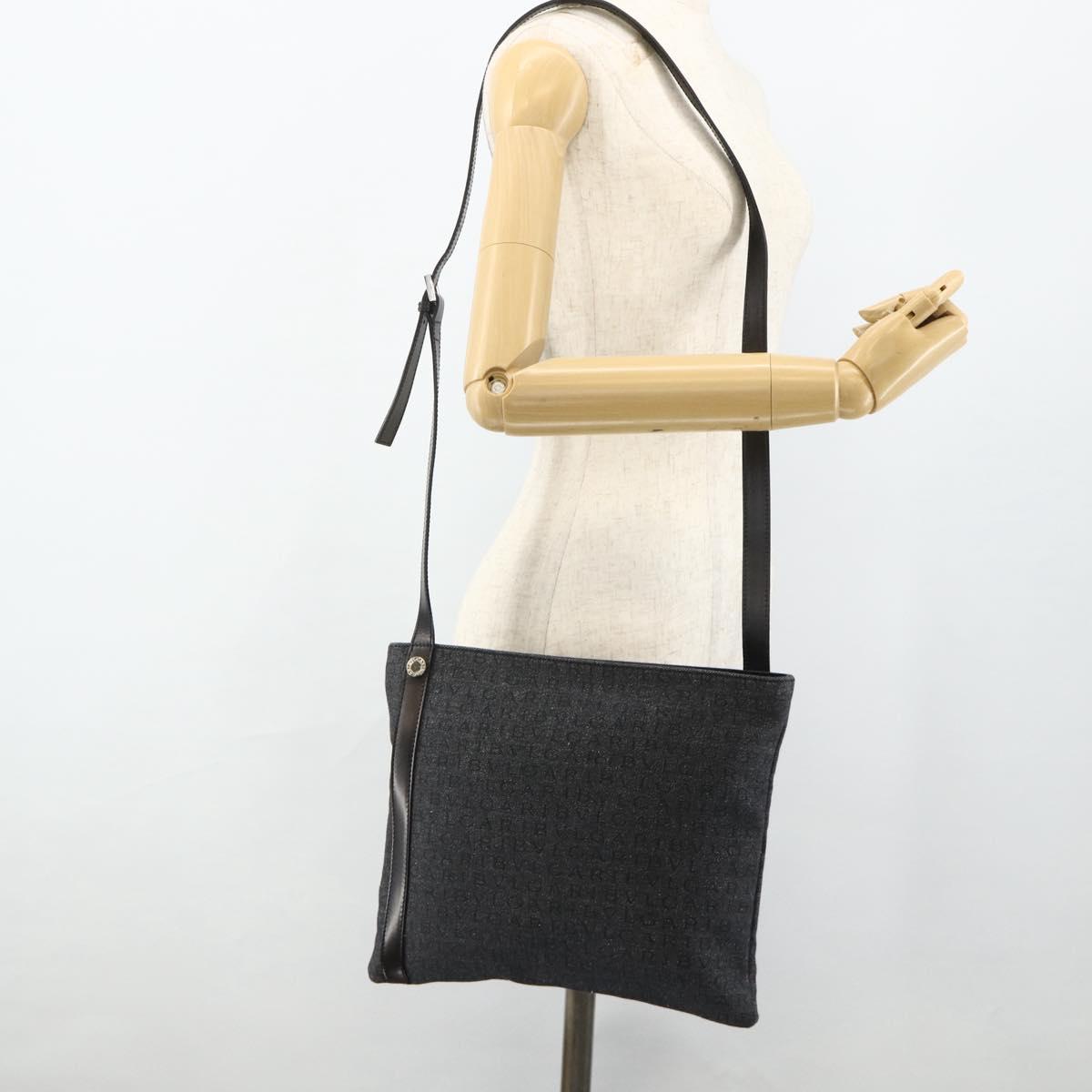 BVLGARI Logo Mania Shoulder Bag Denim Blue Silver Auth 175190
