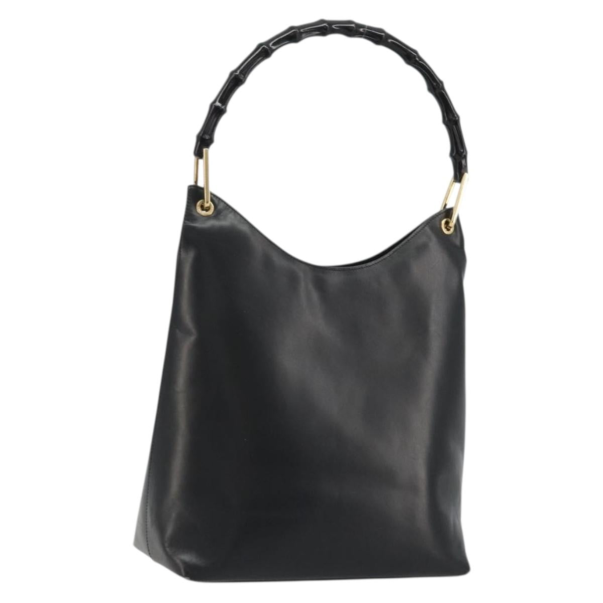 GUCCI Bamboo Shoulder Bag Leather Black Gold Auth 175213