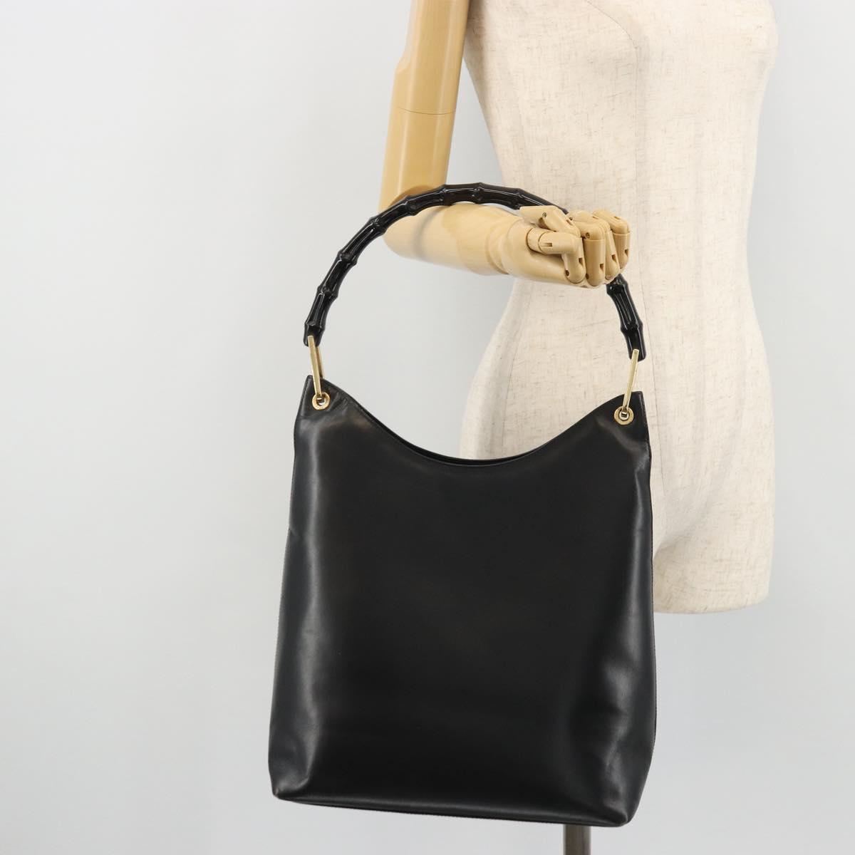 GUCCI Bamboo Shoulder Bag Leather Black Gold Auth 175213