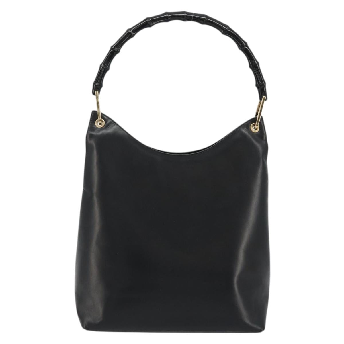GUCCI Bamboo Shoulder Bag Leather Black Gold Auth 175213