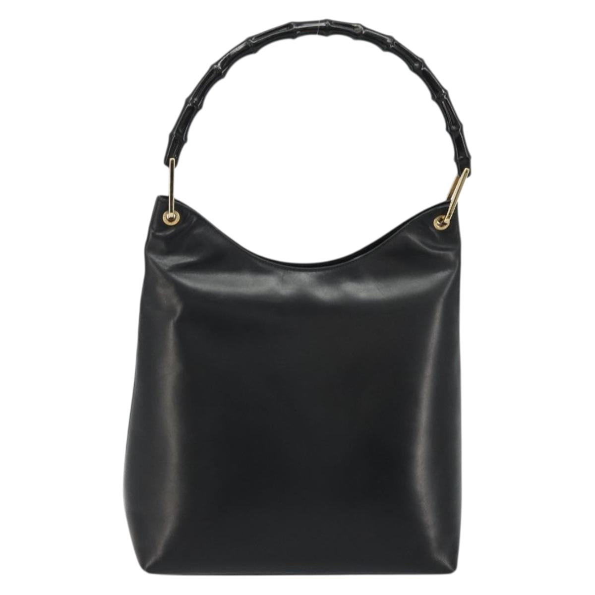 GUCCI Bamboo Shoulder Bag Leather Black Gold Auth 175213