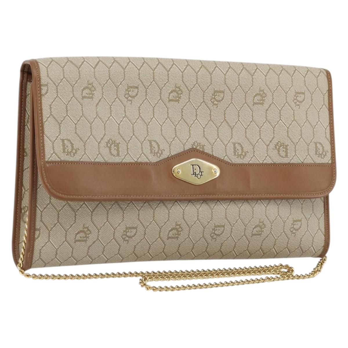 Christian Dior Honeycomb Canvas Chain Shoulder Bag PVC Beige Gold Auth 175219