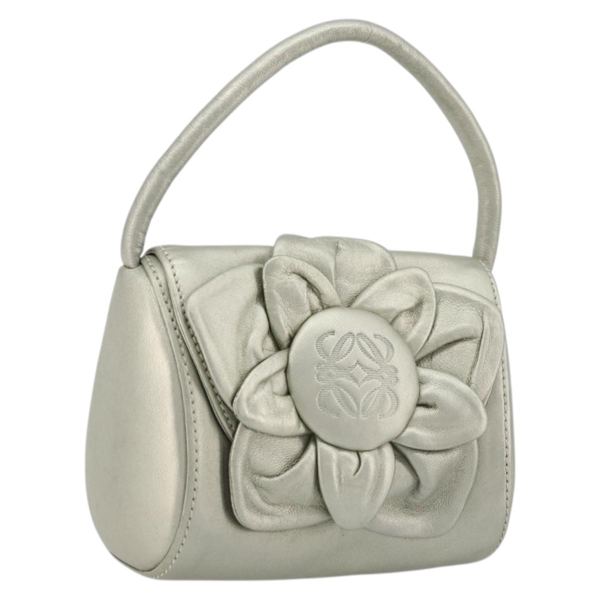 LOEWE Anagram Hand Pouch Leather Silver Auth 175225A