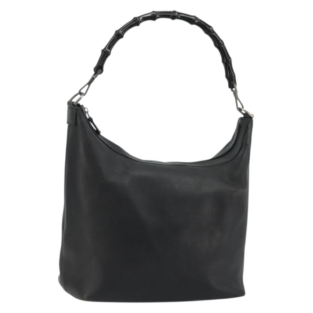 GUCCI Bamboo Shoulder Bag Leather Black Silver Auth 175312