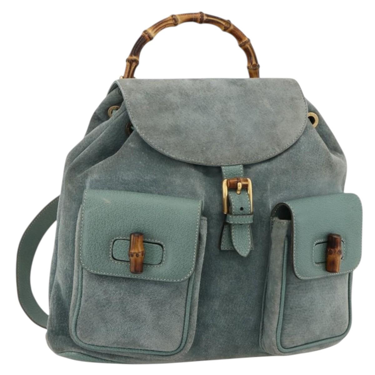 GUCCI Bamboo Backpack Suede Green Gold Auth 175320