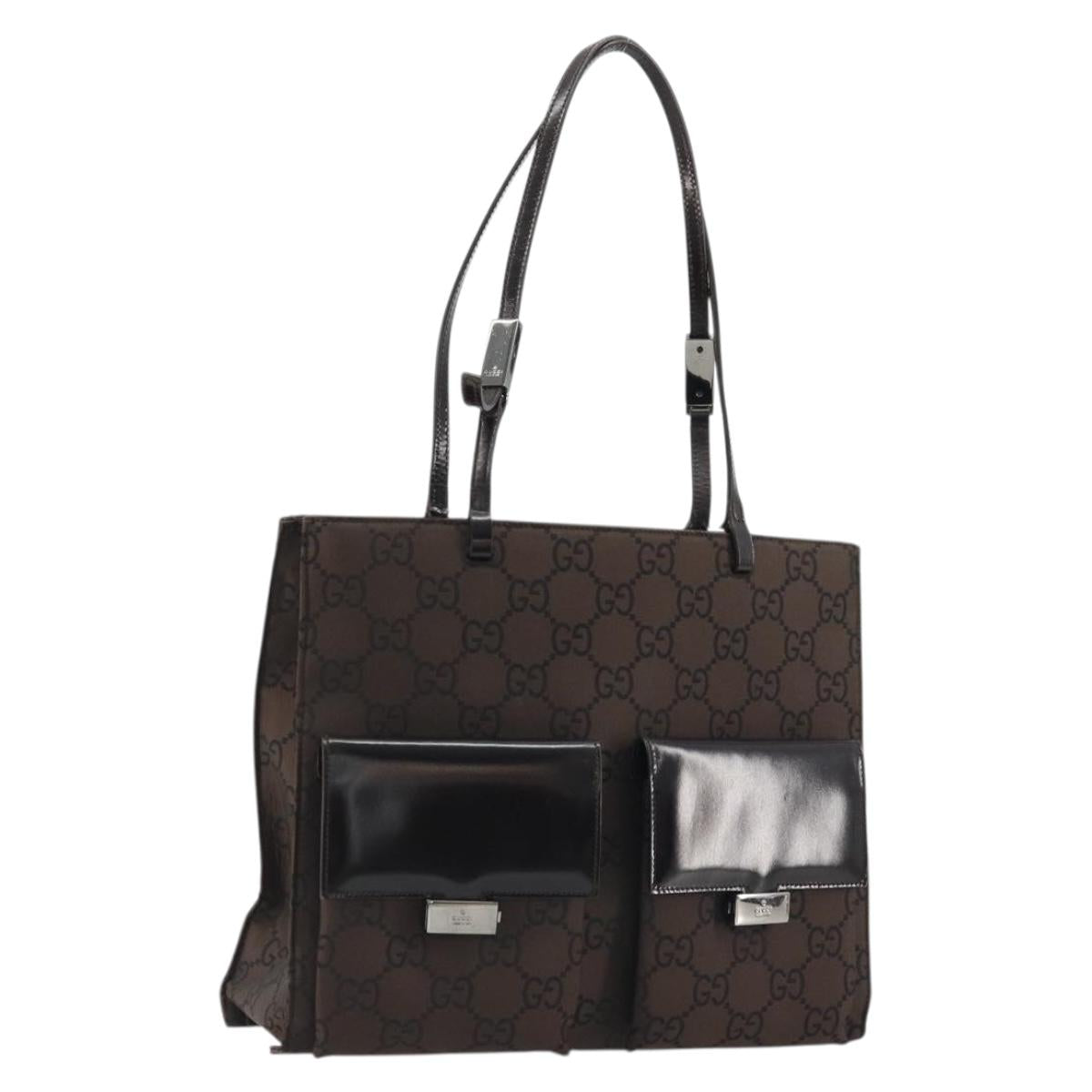 GUCCI GG Canvas Tote Bag Nylon Brown Silver 002 1021 Auth 175335
