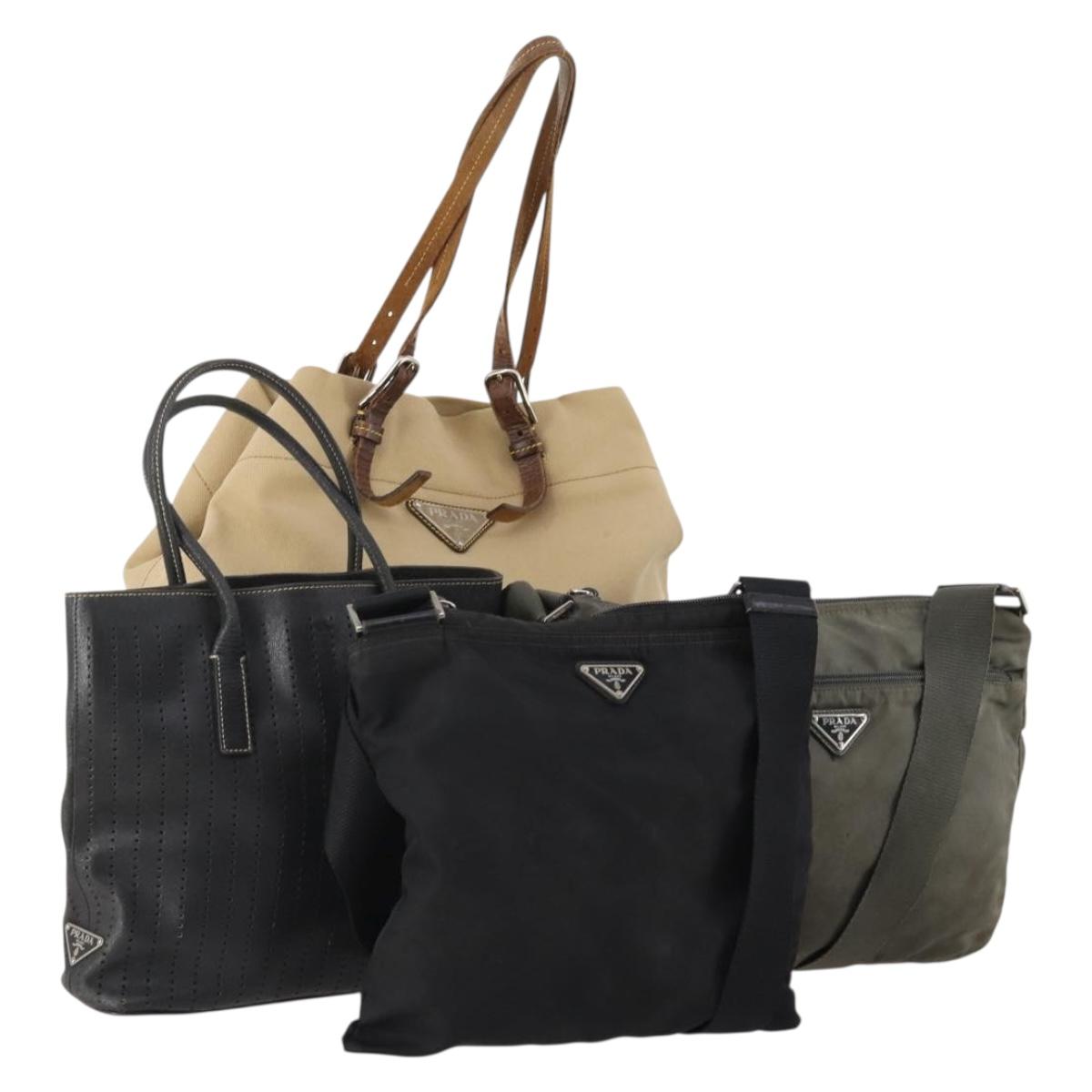 PRADA Shoulder Bag Nylon Canvas Leather 4 Set Black Beige Auth 175363