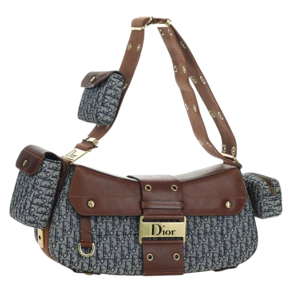 Christian Dior Trotter Canvas Street chic Shoulder Bag Gold Navy Auth 175442SAV