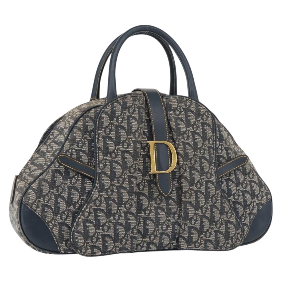 Christian Dior Trotter Canvas Saddle Hand Bag Navy Gold Auth 175481A
