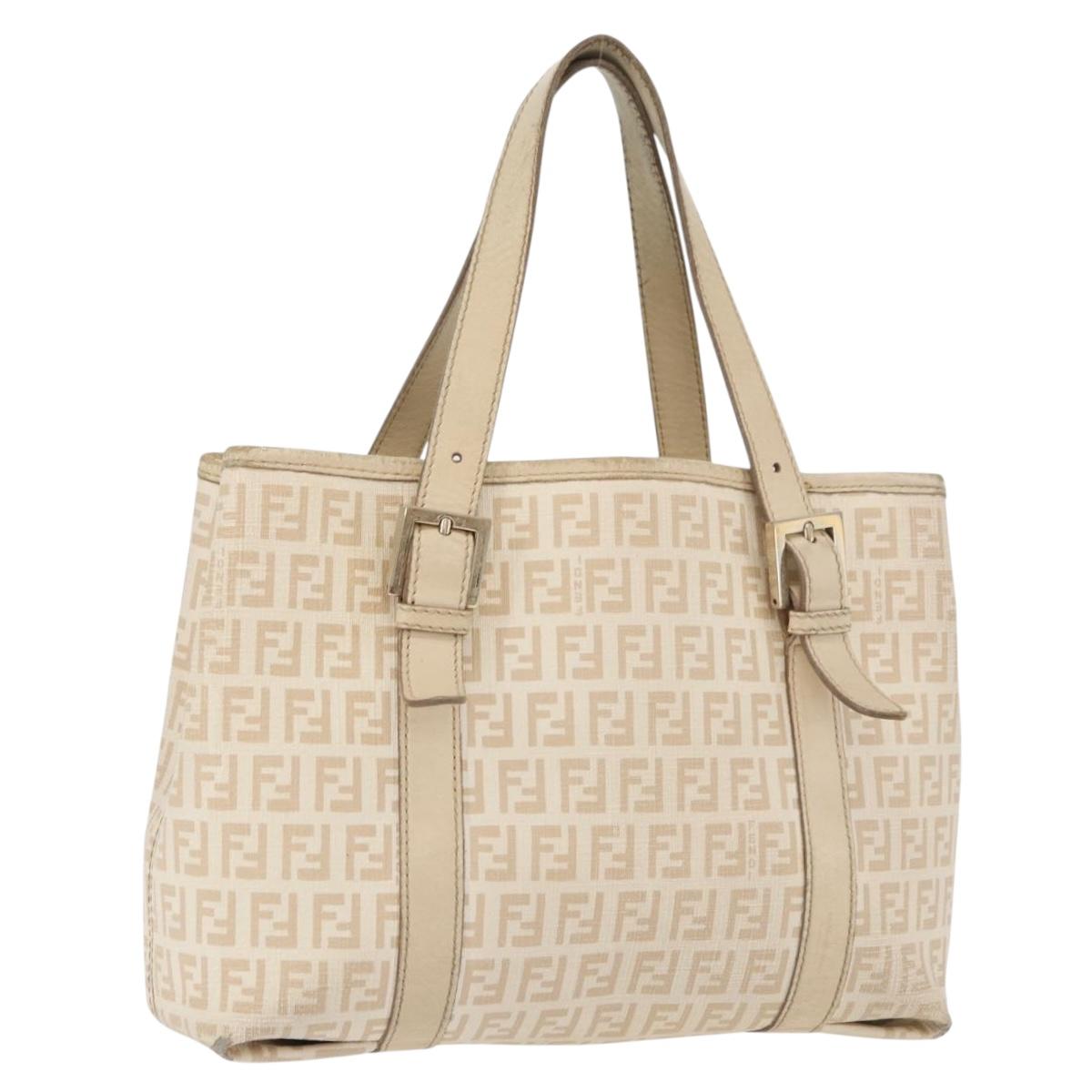 FENDI Zucchino Canvas Hand Bag Ivory Gold Auth 175493