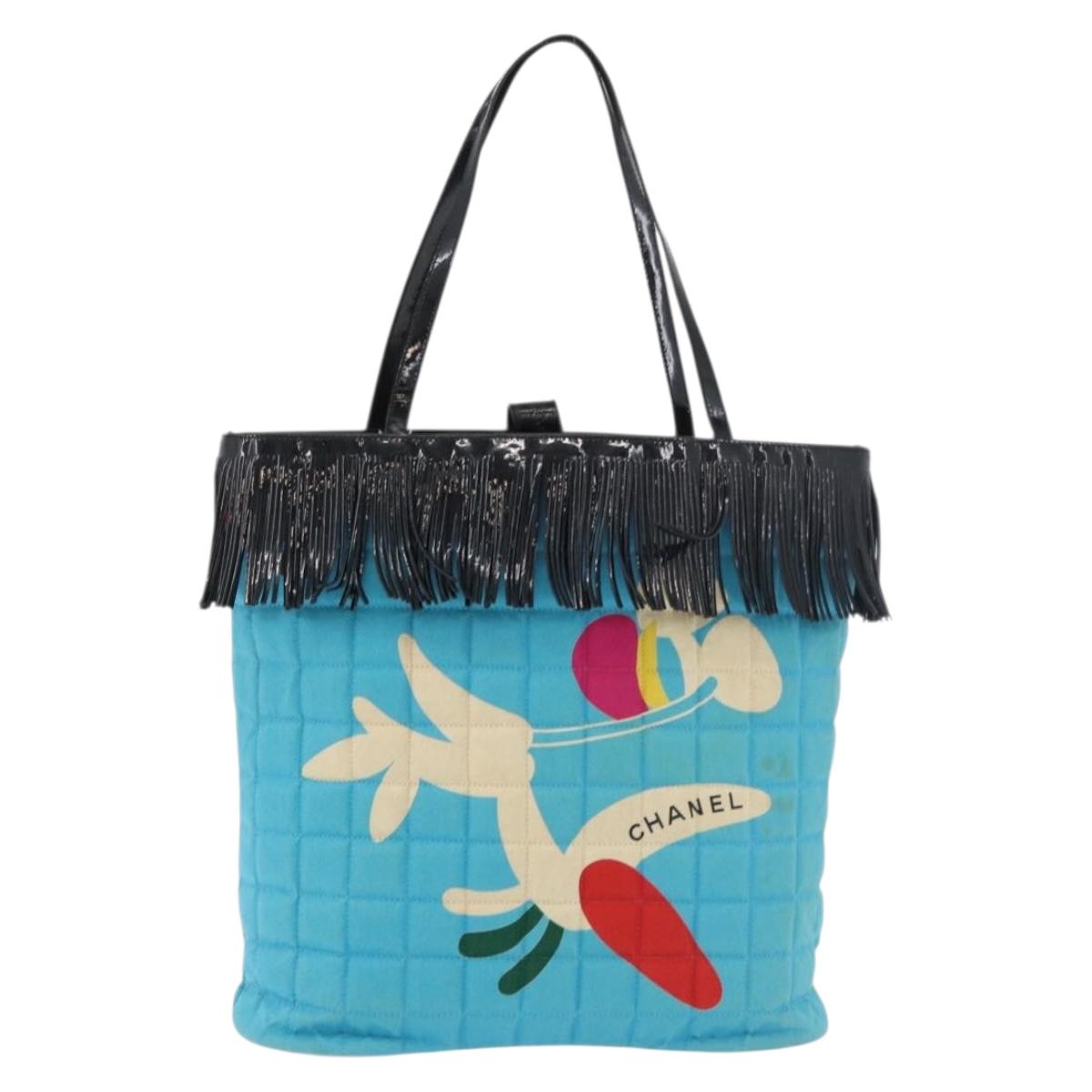 CHANEL Choco Bar Tote Bag Canvas Blue Silver CC Auth 175515