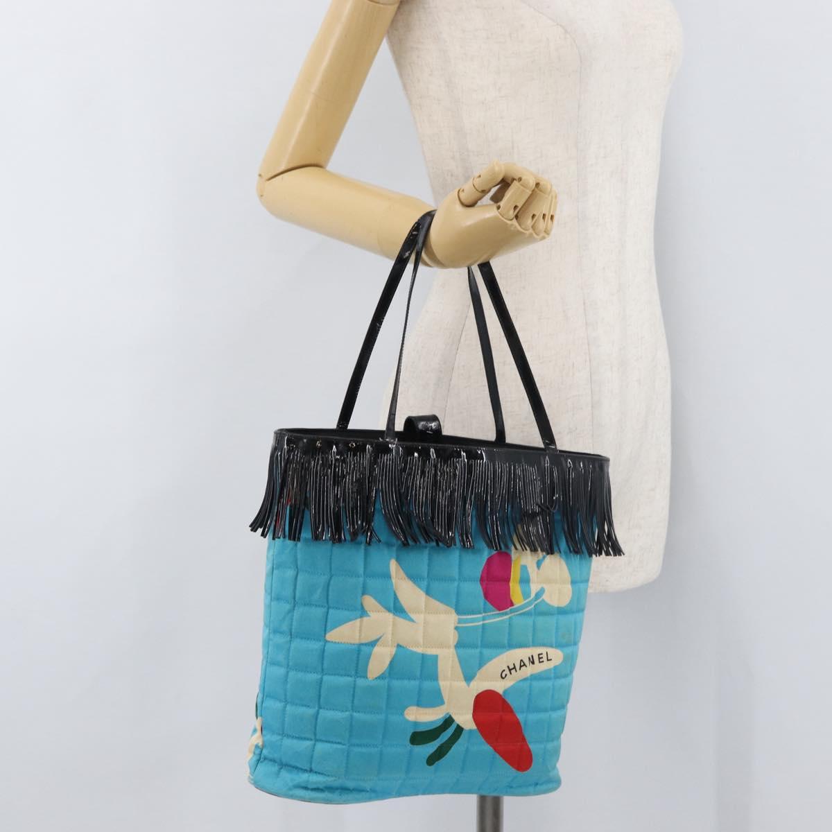 CHANEL Choco Bar Tote Bag Canvas Blue Silver CC Auth 175515