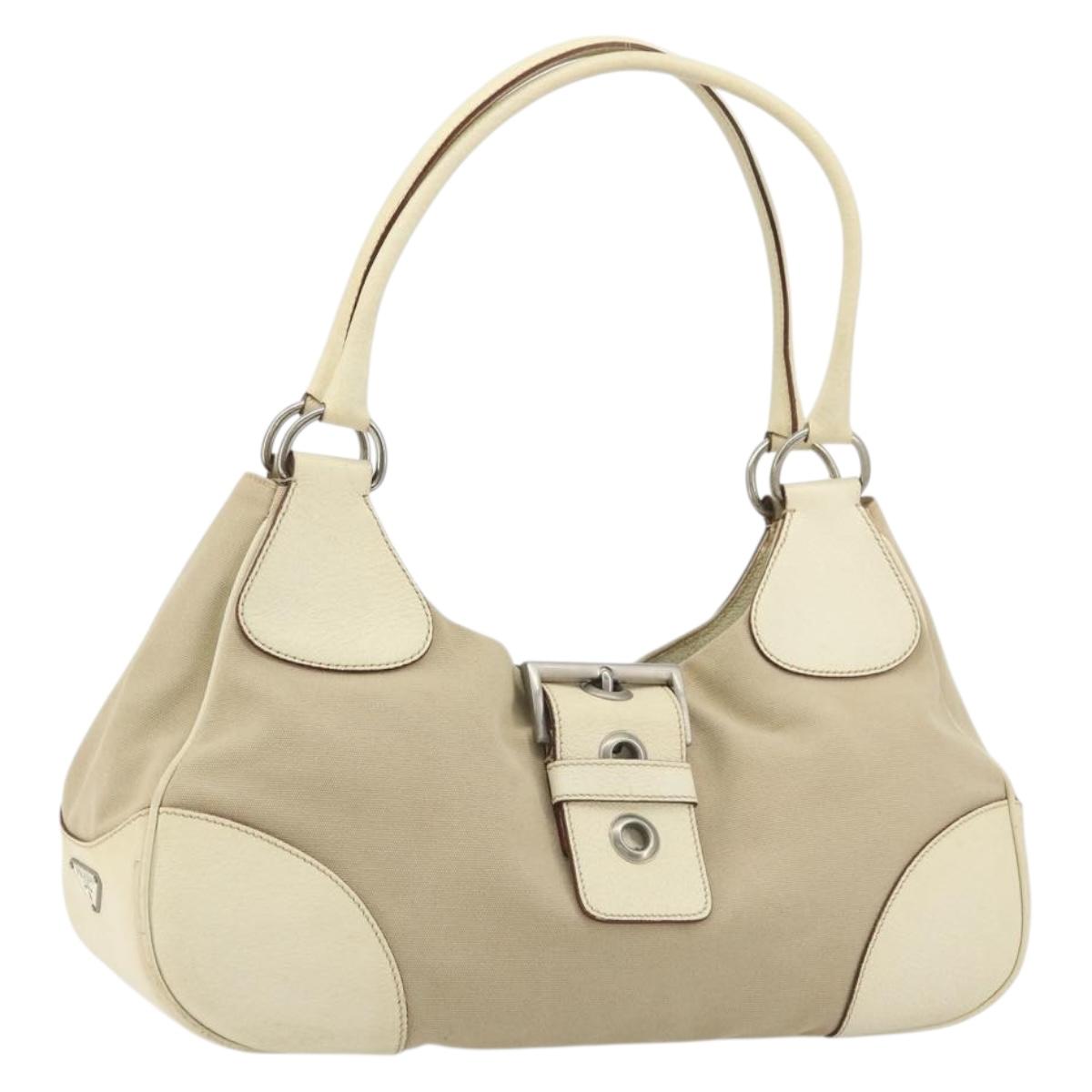 PRADA Shoulder Bag Canvas Beige Silver Auth 175516A