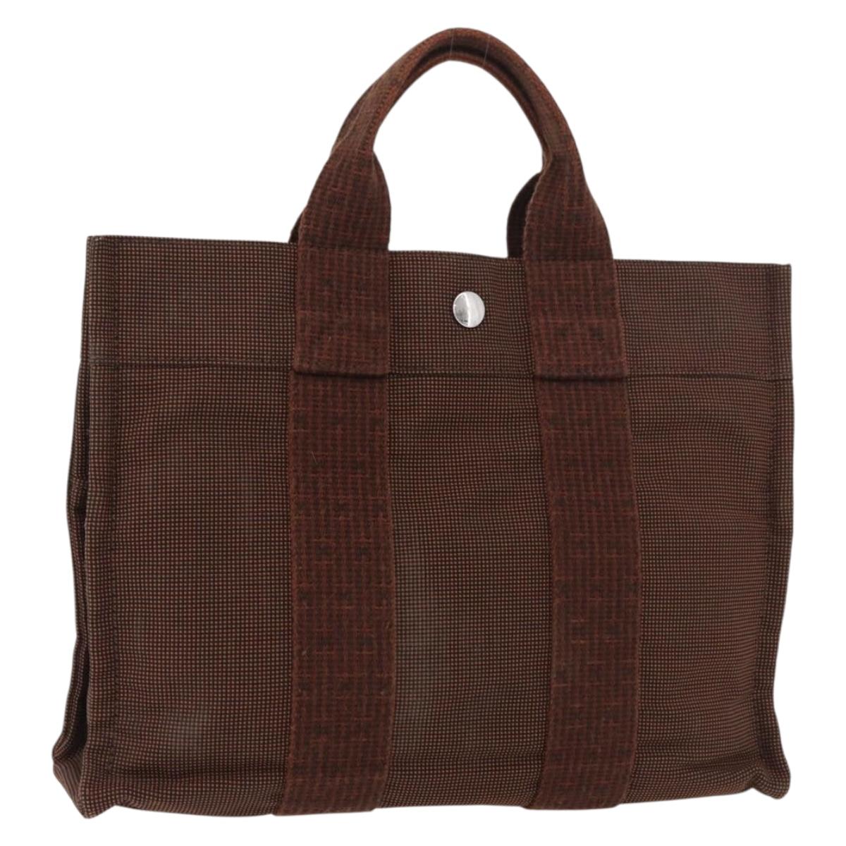 HERMES Her Line PM Hand Bag Canvas Brown Silver Auth 175534