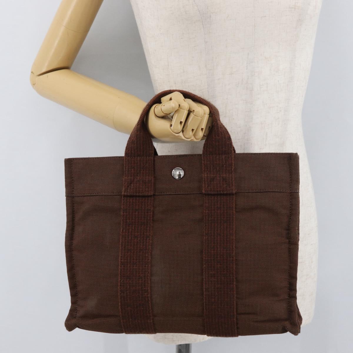 HERMES Her Line PM Hand Bag Canvas Brown Silver Auth 175534