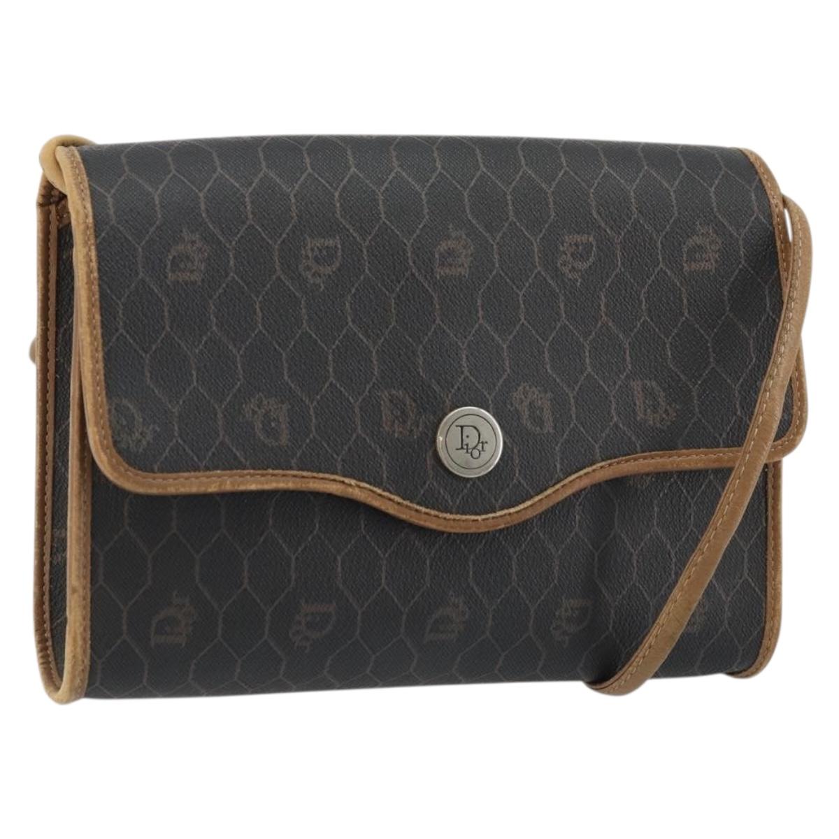 Christian Dior Honeycomb Canvas Shoulder Bag PVC Black Gold Auth 175612