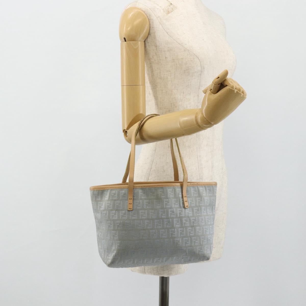 FENDI Zucchino Canvas Tote Bag Light Blue Silver Auth 175635