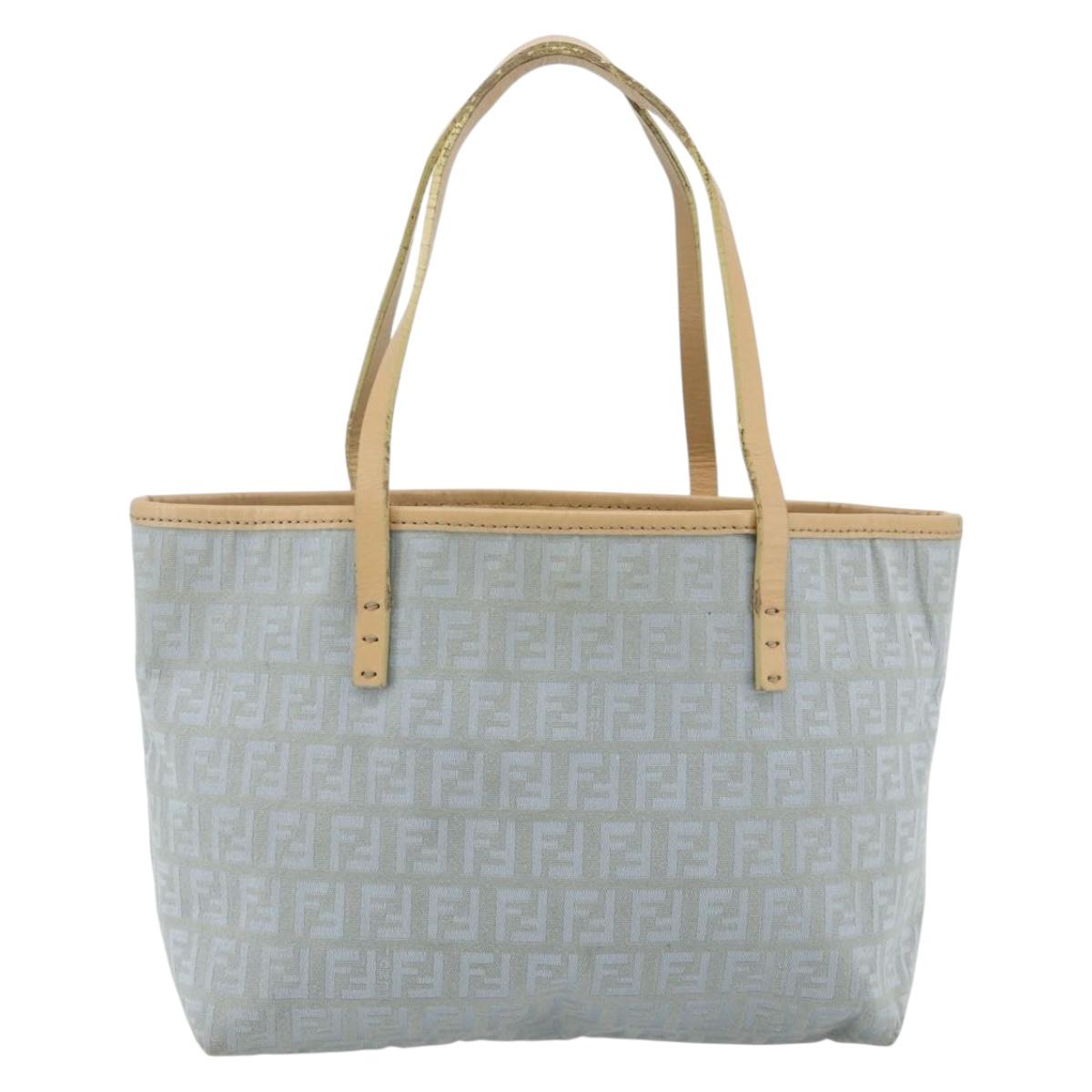FENDI Zucchino Canvas Tote Bag Light Blue Silver Auth 175635