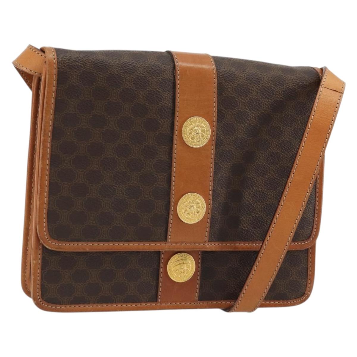 CELINE Macadam Canvas Medallion Shoulder Bag PVC Leather Brown Gold Auth 175640A