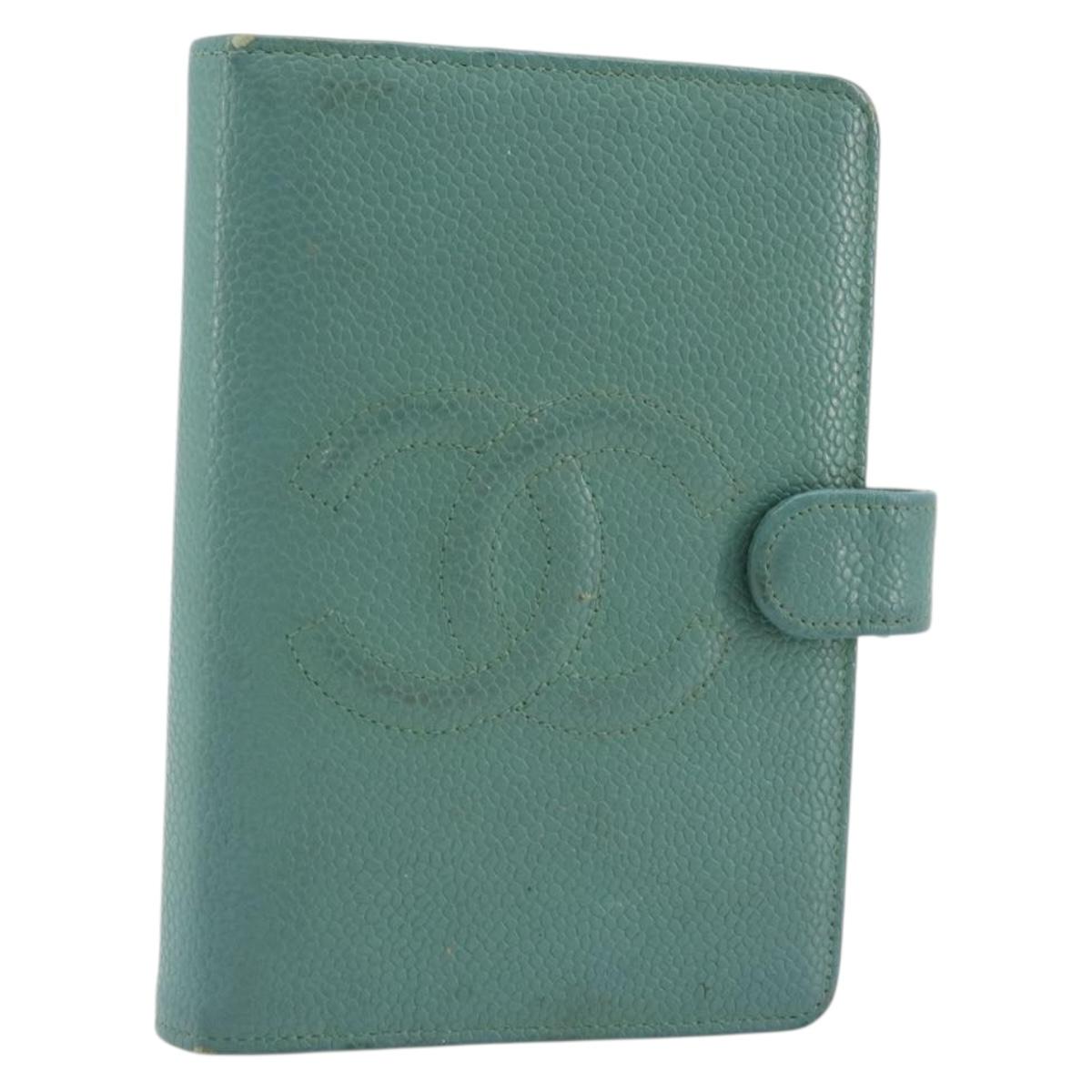 CHANEL COCO Mark Day Planner Cover Caviar Skin Green Gold CC Auth 175670A