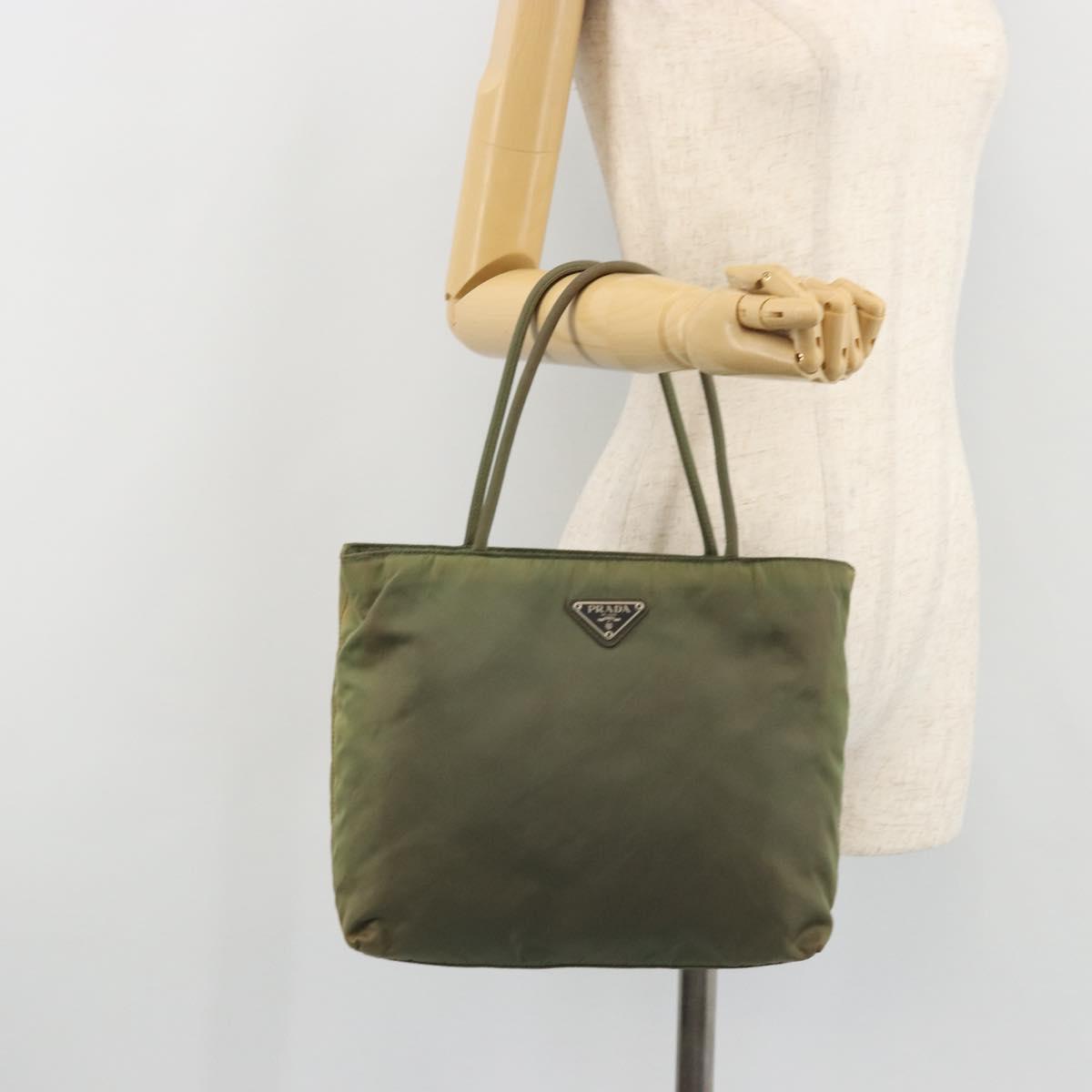 PRADA Hand Bag Nylon Khaki Silver Auth 175731