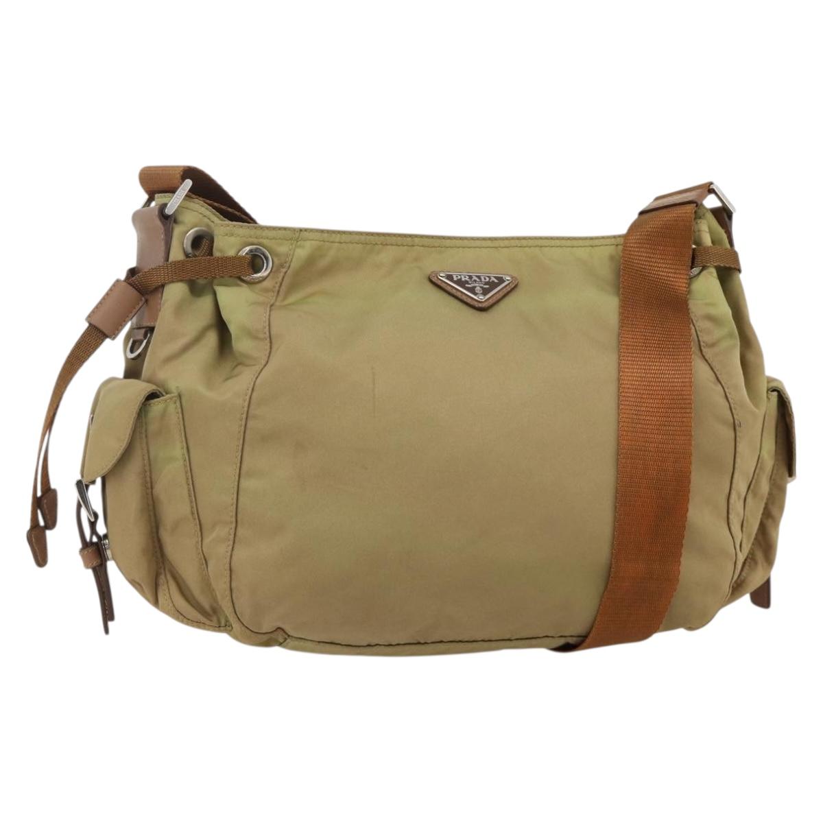 PRADA Shoulder Bag Nylon Khaki Silver Auth 175738