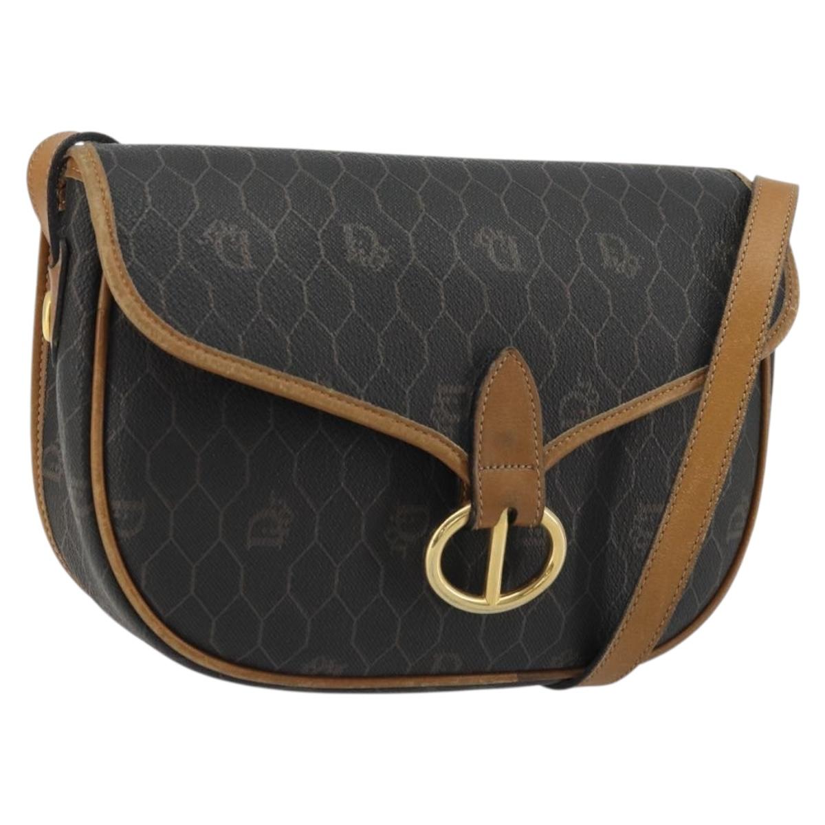 Christian Dior Honeycomb Canvas Shoulder Bag PVC Black Gold Auth 175786