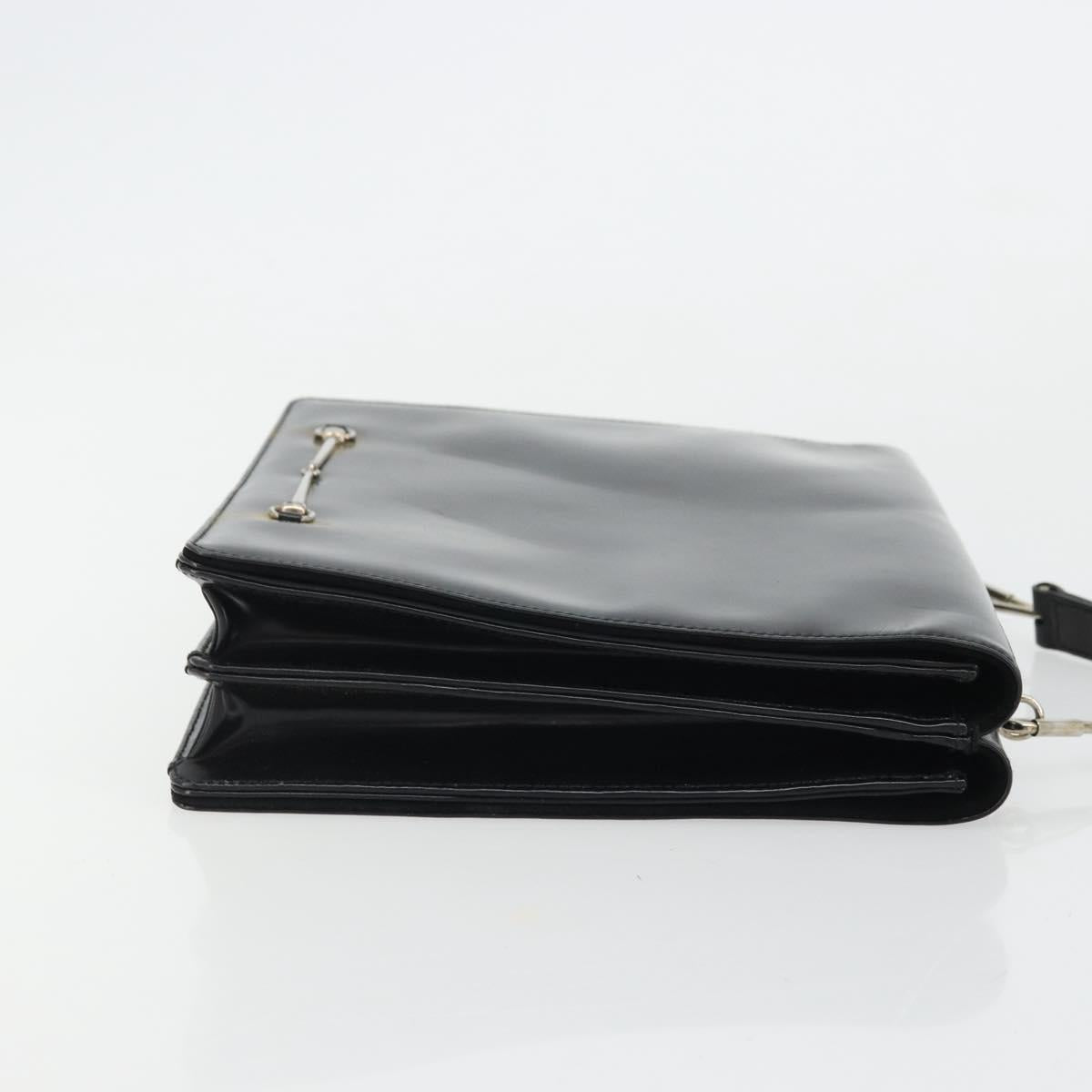 GUCCI Horsebit Shoulder Bag Patent leather Black Silver Auth 175800