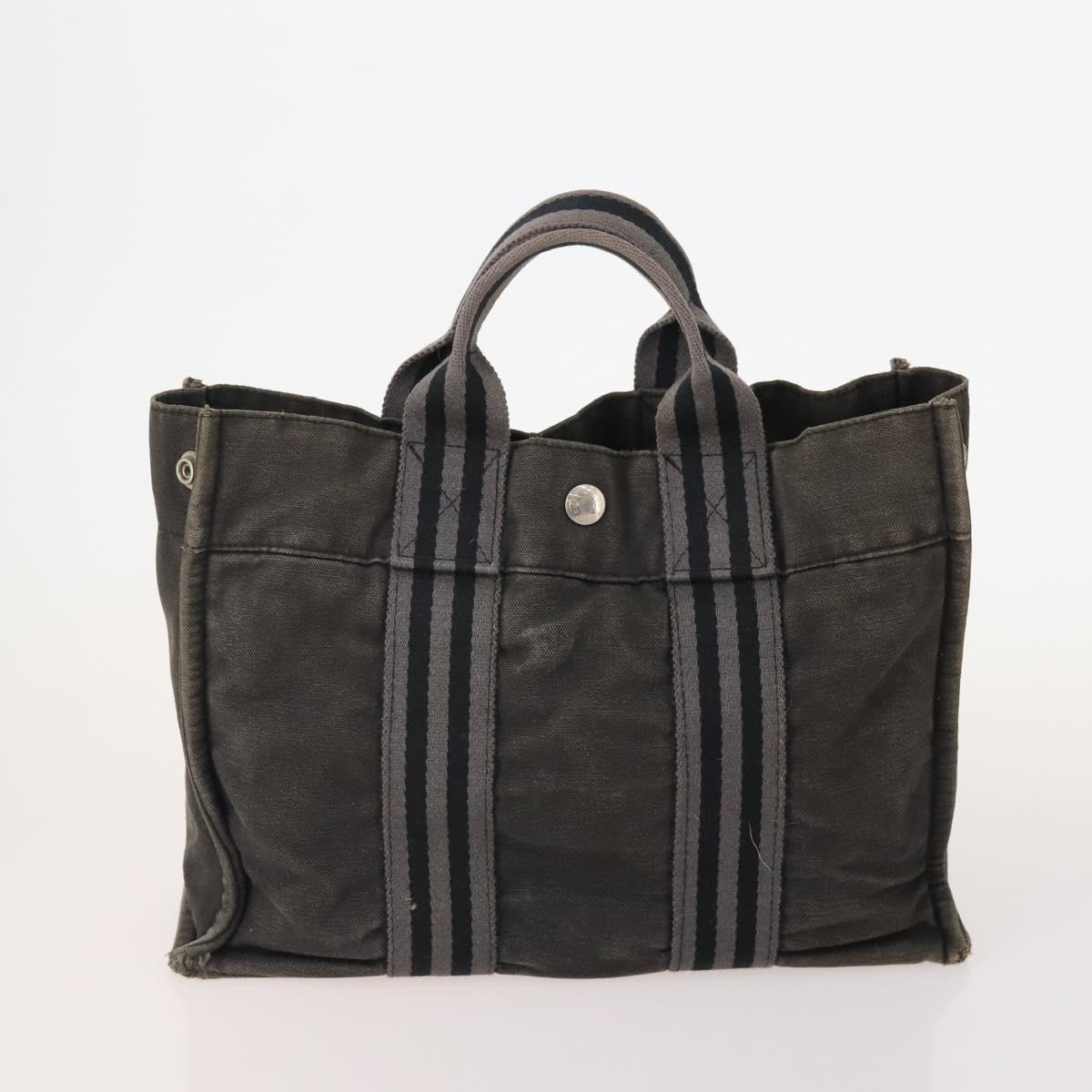 HERMES Fourre Tout PM Hand Bag Canvas 3 Set Navy Black Auth 175803