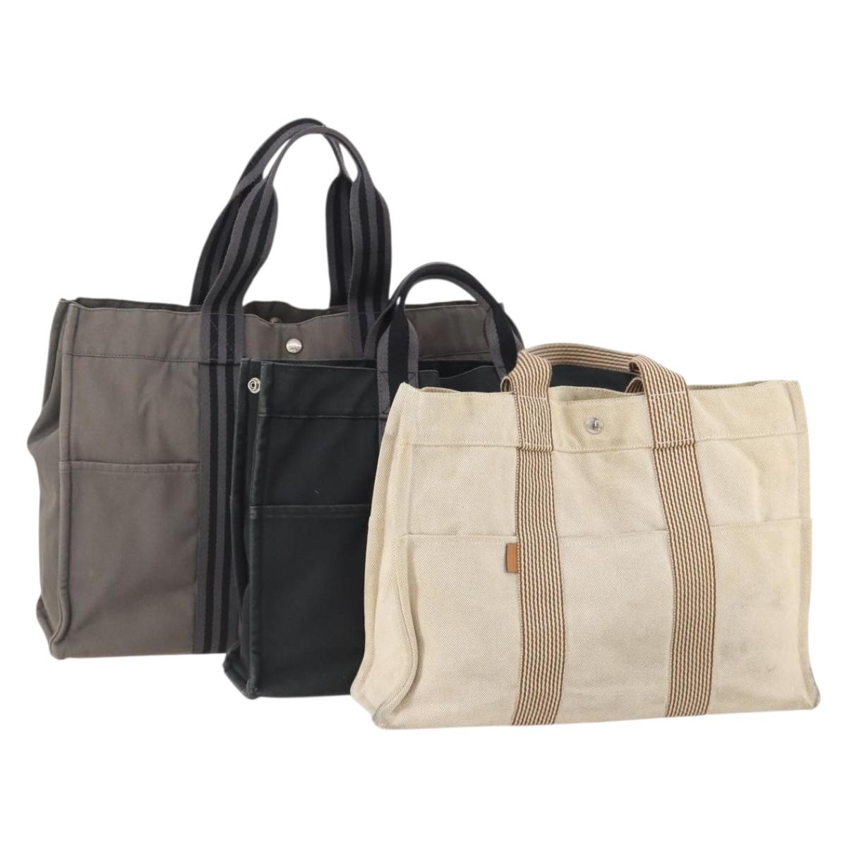 HERMES Fourre Tout MM Hand Bag Canvas 3 Set Gray Black beige Auth 175804