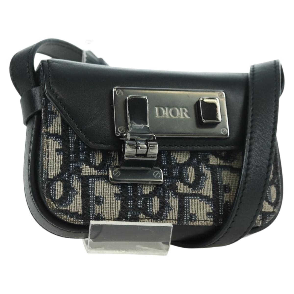 Christian Dior Trotter Canvas Dior Lock Shoulder Bag Navy Silver Auth 175822M